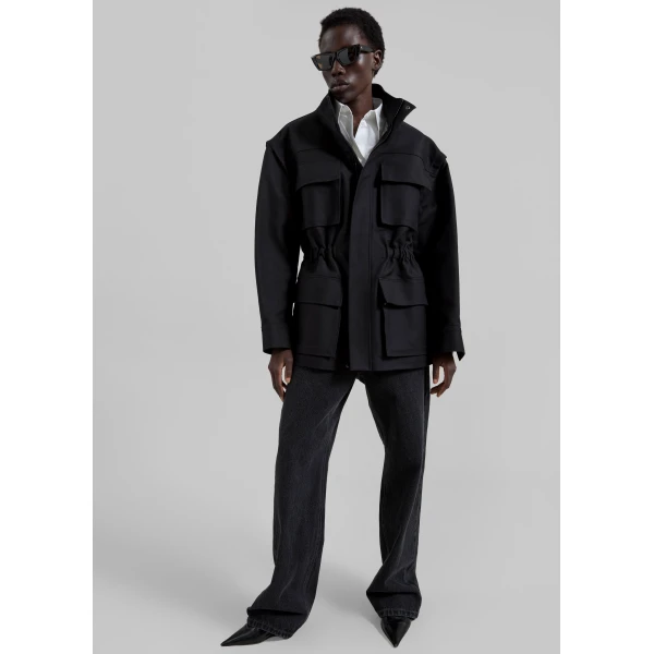 The Frankie Shop Melton Detachable Sleeve Cargo Jacket - Black - Oversized Minimalist Jackets in Black - Shop at Luxury Shoes 