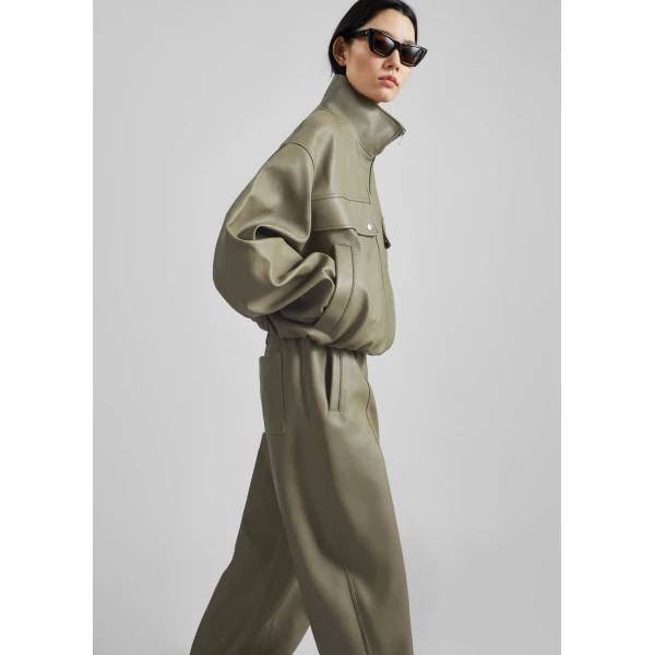 The Frankie Shop Nolita Faux Leather Bomber Jacket - Sage - Oversized Minimalist Jackets in Green - Shop at Luxury Shoes 