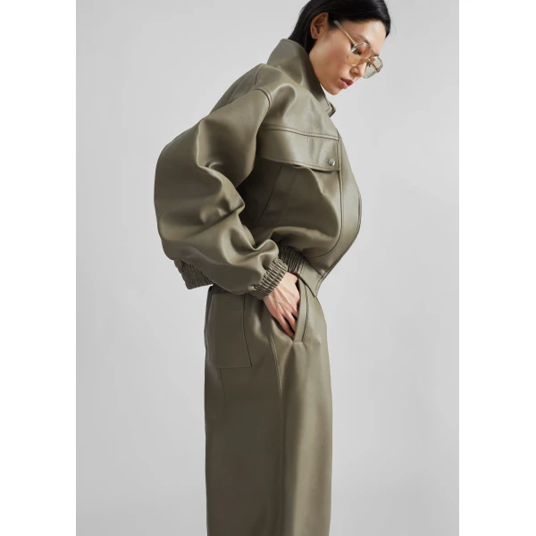 The Frankie Shop Nolita Faux Leather Bomber Jacket - Sage - Oversized Minimalist Jackets in Green - Shop at Luxury Shoes 