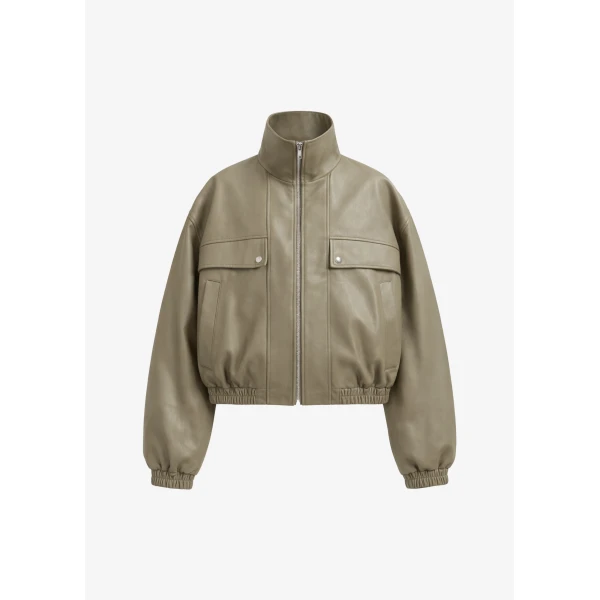 The Frankie Shop Nolita Faux Leather Bomber Jacket - Sage - Oversized Minimalist Jackets in Green - Shop at Luxury Shoes 