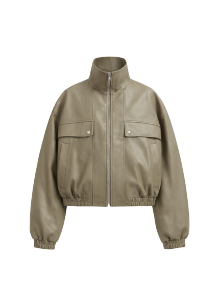 The Frankie Shop Nolita Faux Leather Bomber Jacket - Sage - Oversized Minimalist Jackets in Green - Shop at Luxury Shoes 