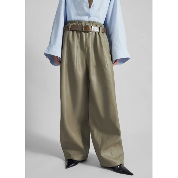 The Frankie Shop Oakdale Faux Leather Track Pants - Sage - Oversized Minimalist Pants in Green - Shop at Luxury Shoes 