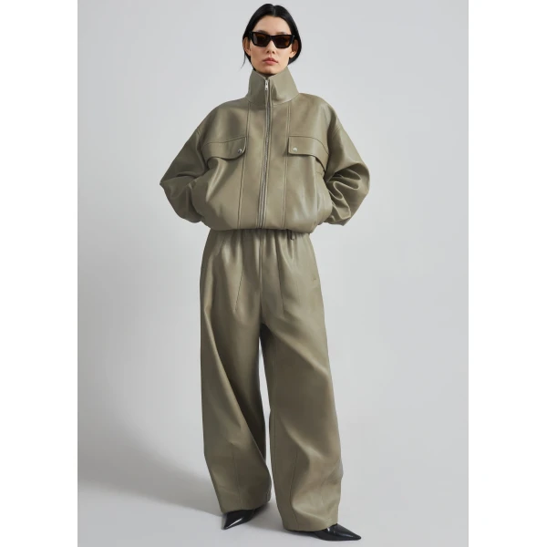 The Frankie Shop Oakdale Faux Leather Track Pants - Sage - Oversized Minimalist Pants in Green - Shop at Luxury Shoes 