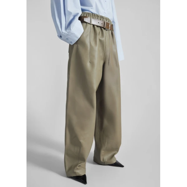 The Frankie Shop Oakdale Faux Leather Track Pants - Sage - Oversized Minimalist Pants in Green - Shop at Luxury Shoes 