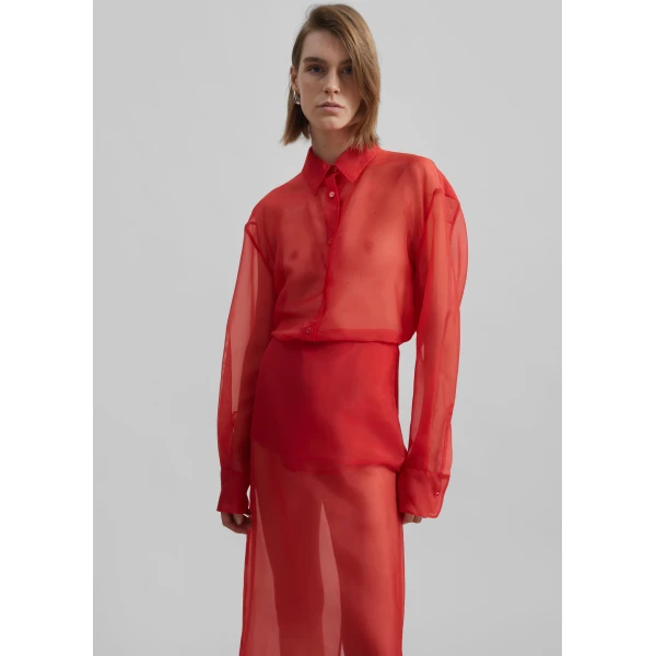The Frankie Shop Peri Sheer Midi Skirt - Red - Oversized Minimalist Skirts in Red - Shop at Luxury Shoes 