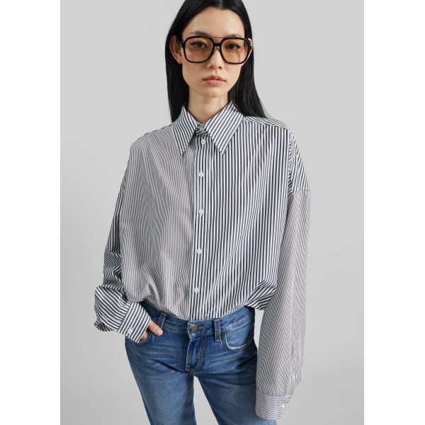The Frankie Shop Quillan Button-Down Shirt - White/Black Stripe - Oversized Minimalist Tops in Black - Shop at Luxury Shoes 