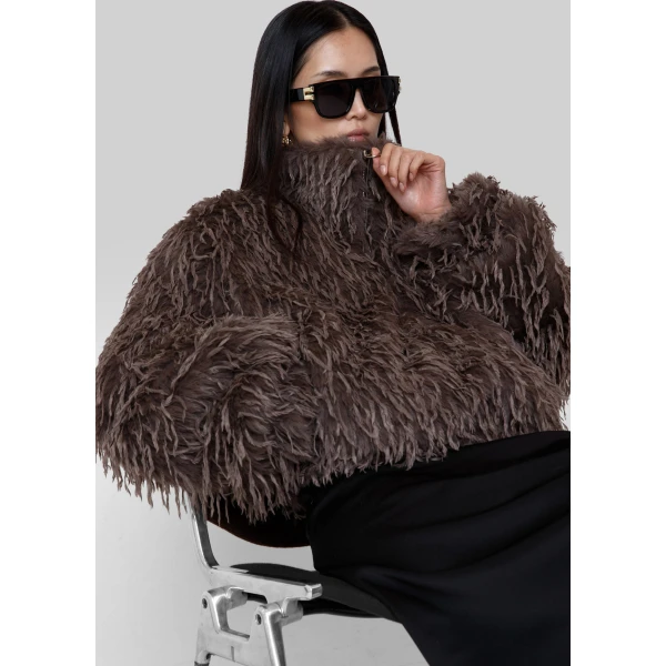 The Frankie Shop Rivee Faux Fur Pullover - Brown - Oversized Minimalist Tops in Brown - Shop at Luxury Shoes 