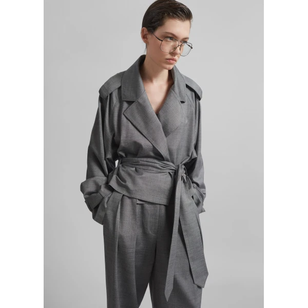 The Frankie Shop Simona Short Trench - Grey Melange - Oversized Minimalist Coats in Grey - Shop at Luxury Shoes 