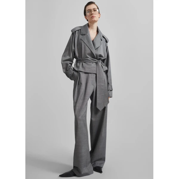 The Frankie Shop Simona Short Trench - Grey Melange - Oversized Minimalist Coats in Grey - Shop at Luxury Shoes 