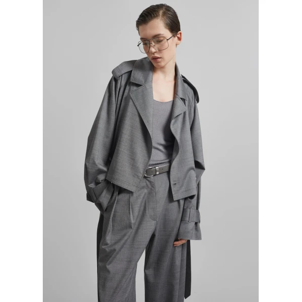 The Frankie Shop Simona Short Trench - Grey Melange - Oversized Minimalist Coats in Grey - Shop at Luxury Shoes 