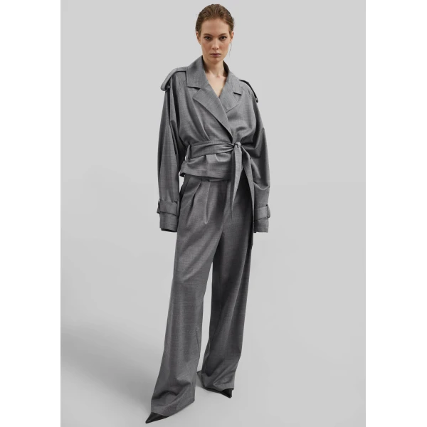 The Frankie Shop Simona Short Trench - Grey Melange - Oversized Minimalist Coats in Grey - Shop at Luxury Shoes 