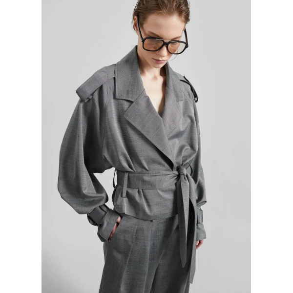 The Frankie Shop Simona Short Trench - Grey Melange - Oversized Minimalist Coats in Grey - Shop at Luxury Shoes 