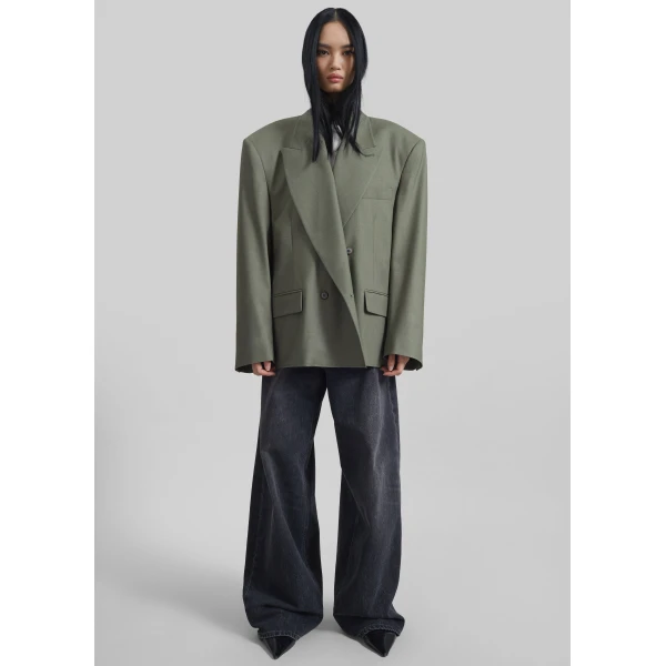 The Frankie Shop Valter Oversized Blazer - Pale Olive - Oversized Minimalist Jackets in Green - Shop at Luxury Shoes 