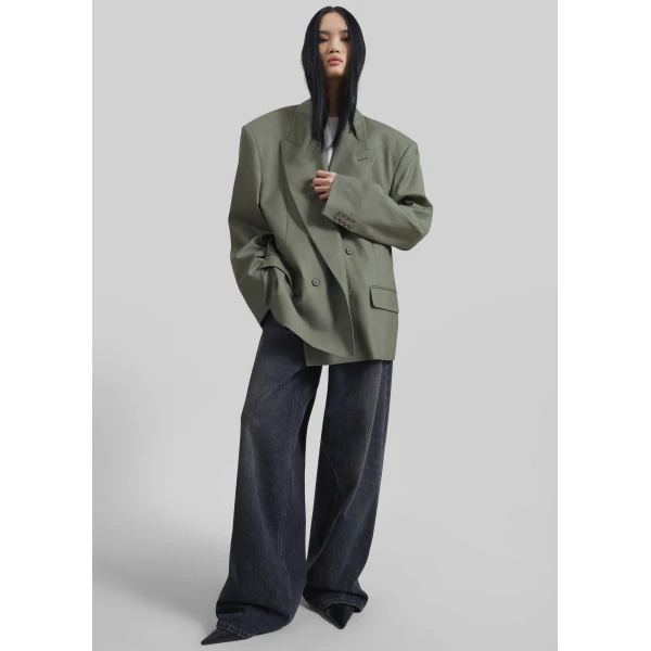 The Frankie Shop Valter Oversized Blazer - Pale Olive - Oversized Minimalist Jackets in Green - Shop at Luxury Shoes 