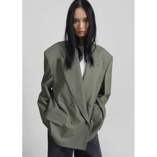 The Frankie Shop Valter Oversized Blazer - Pale Olive - Oversized Minimalist Jackets in Green - Shop at Luxury Shoes 