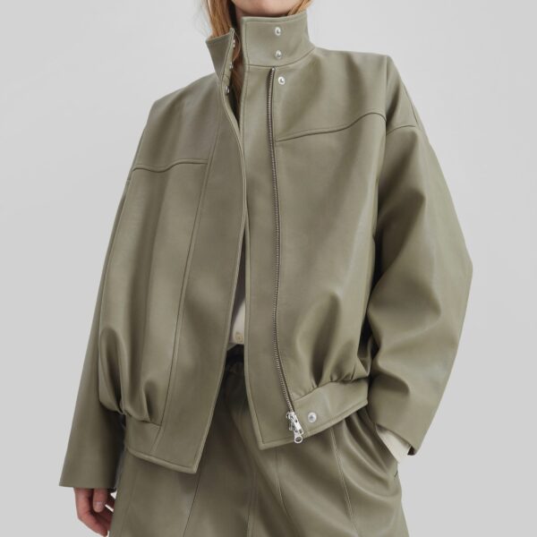 The Frankie Shop Veren Faux Leather Bomber Jacket – Sage, view 2