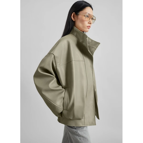 The Frankie Shop Veren Faux Leather Bomber Jacket - Sage - Oversized Minimalist Jackets in Green - Shop at Luxury Shoes 