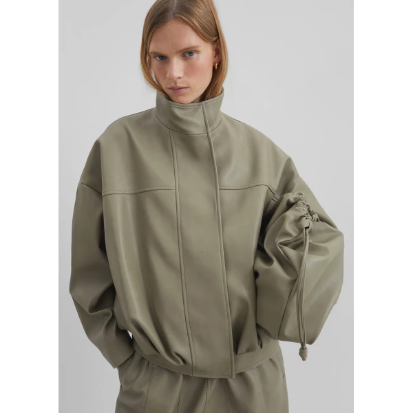 The Frankie Shop Veren Faux Leather Bomber Jacket - Sage - Oversized Minimalist Jackets in Green - Shop at Luxury Shoes 