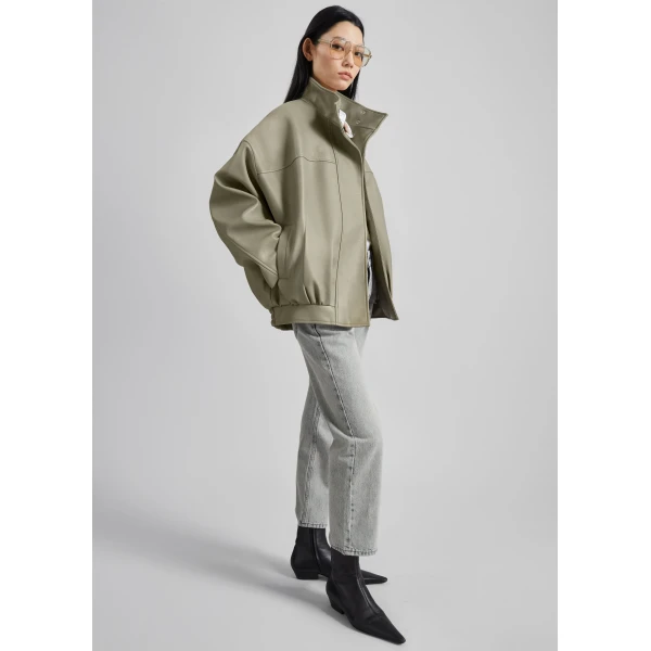 The Frankie Shop Veren Faux Leather Bomber Jacket - Sage - Oversized Minimalist Jackets in Green - Shop at Luxury Shoes 