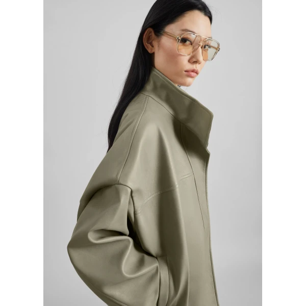 The Frankie Shop Veren Faux Leather Bomber Jacket - Sage - Oversized Minimalist Jackets in Green - Shop at Luxury Shoes 