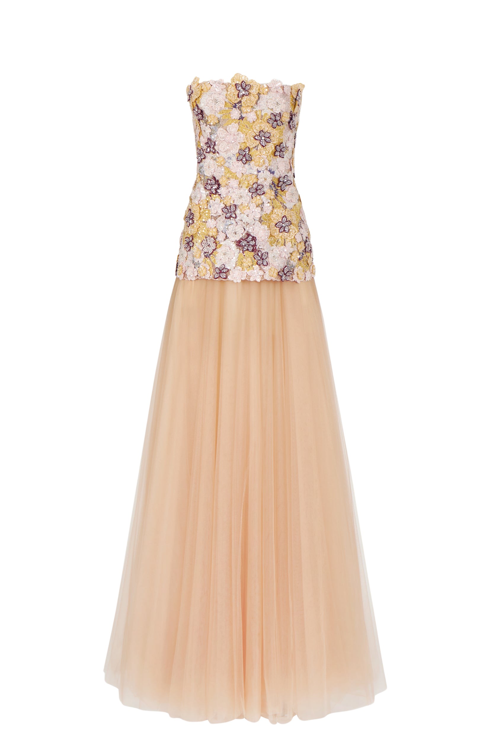 Costarellos Thia Embroidered Tulle Strapless Dress