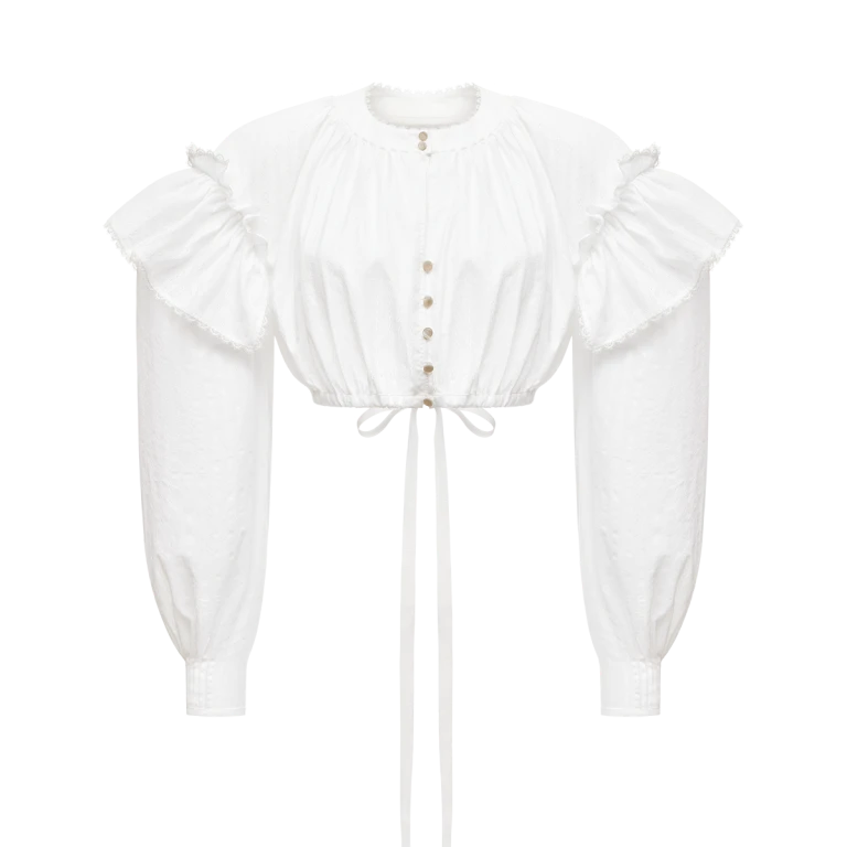 Ulyana Sergeenko Cotton blouse with ruffled shoulders and an open back - Ulyana Sergeenko Corset Dress - Russian Couture - Shop at Luxury Shoes 