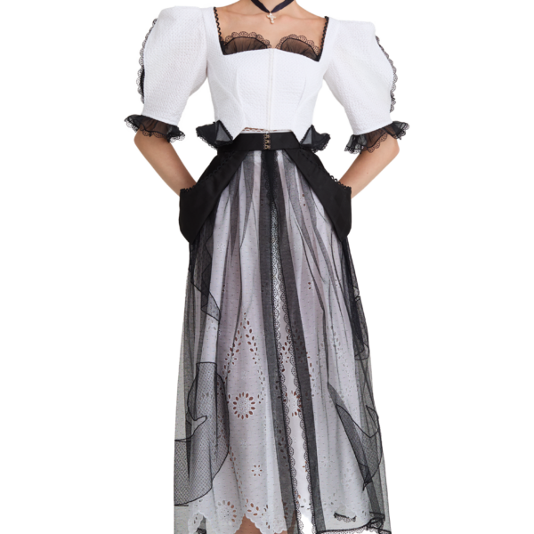 Ulyana Sergeenko Cotton midi skirt with floral embroidery and lace trim, view 2
