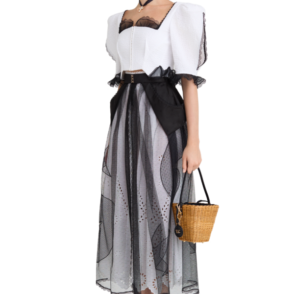 Ulyana Sergeenko Cotton midi skirt with floral embroidery and lace trim, view 3