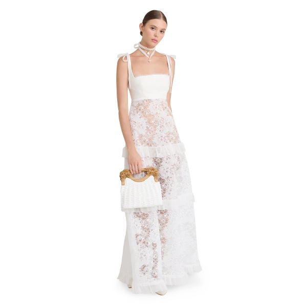 Ulyana Sergeenko Full-length dress with signature floral lace and silk base - Ulyana Sergeenko Corset Dress - Russian Couture - Shop at Luxury Shoes 