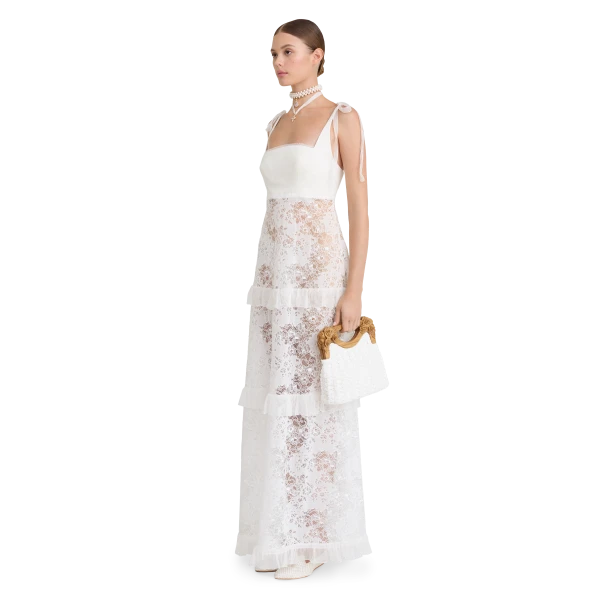 Ulyana Sergeenko Full-length dress with signature floral lace and silk base - Ulyana Sergeenko Corset Dress - Russian Couture - Shop at Luxury Shoes 