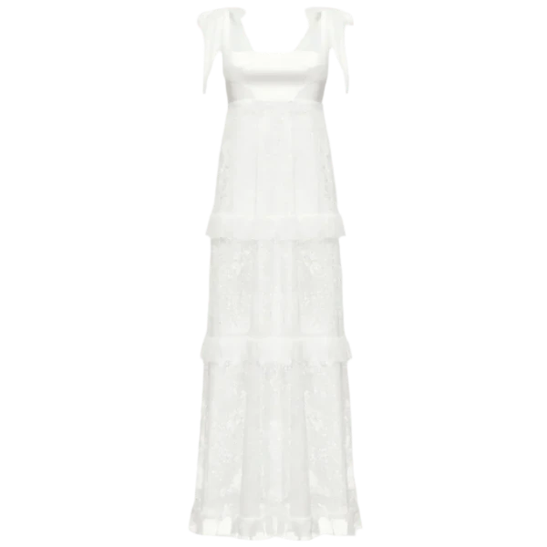 Ulyana Sergeenko Full-length dress with signature floral lace and silk base - Ulyana Sergeenko Corset Dress - Russian Couture - Shop at Luxury Shoes 