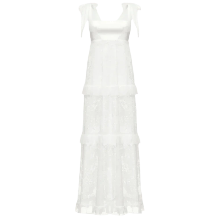 Ulyana Sergeenko Full-length dress with signature floral lace and silk base - Ulyana Sergeenko Corset Dress - Russian Couture - Shop at Luxury Shoes 