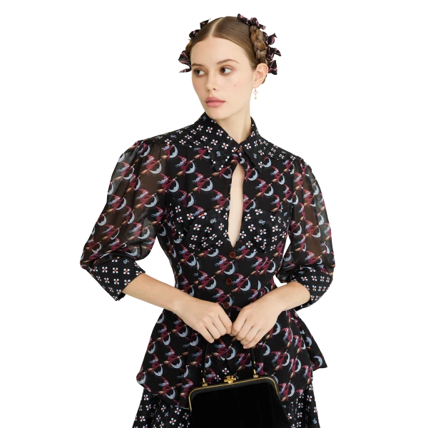 Ulyana Sergeenko Silk peplum blouse with a signature print - Ulyana Sergeenko Corset Dress - Russian Couture - Shop at Luxury Shoes 