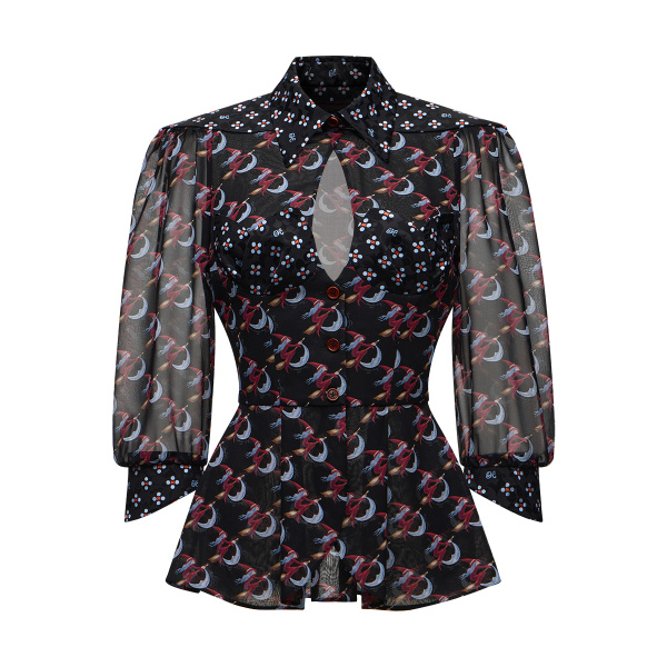 Ulyana Sergeenko Silk peplum blouse with a signature print - Ulyana Sergeenko Corset Dress - Russian Couture - Shop at Luxury Shoes 
