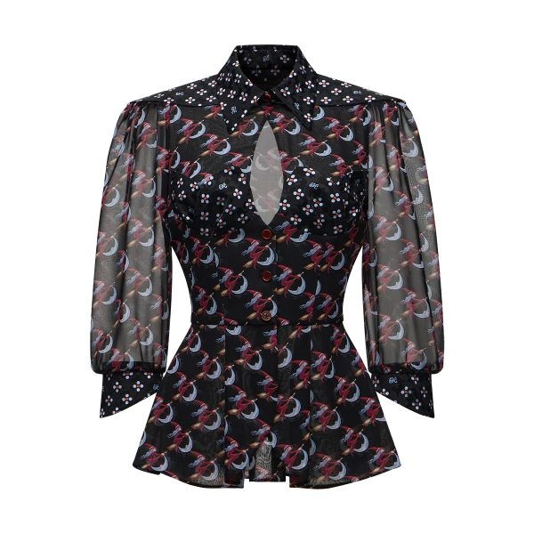 Ulyana Sergeenko Silk peplum blouse with a signature print - Ulyana Sergeenko Corset Dress - Russian Couture - Shop at Luxury Shoes 