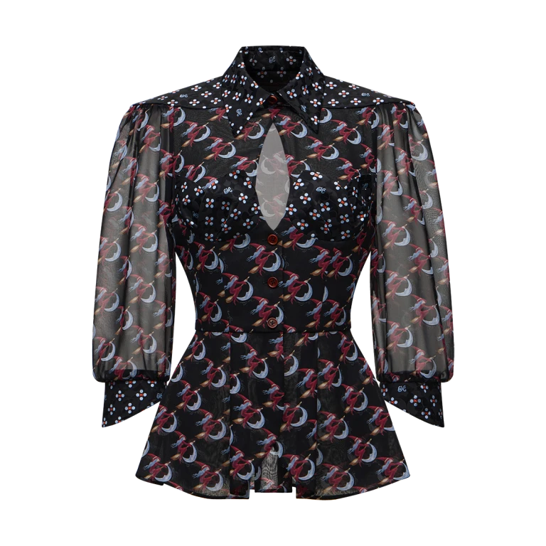 Ulyana Sergeenko Silk peplum blouse with a signature print - Ulyana Sergeenko Corset Dress - Russian Couture - Shop at Luxury Shoes 