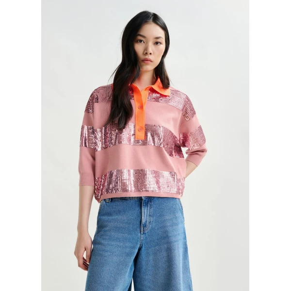 Essentiel Antwerp Vintage pink and orange striped sequin-embellished polo - Essentiel Antwerp Tops - Colorful Belgian Design - Shop at Luxury Shoes 