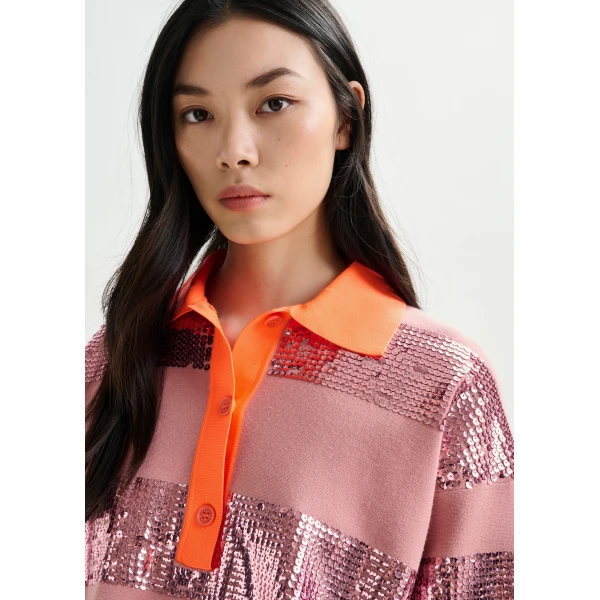 Essentiel Antwerp Vintage pink and orange striped sequin-embellished polo - Essentiel Antwerp Tops - Colorful Belgian Design - Shop at Luxury Shoes 