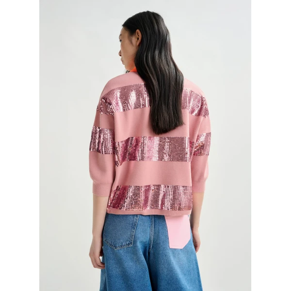 Essentiel Antwerp Vintage pink and orange striped sequin-embellished polo - Essentiel Antwerp Tops - Colorful Belgian Design - Shop at Luxury Shoes 