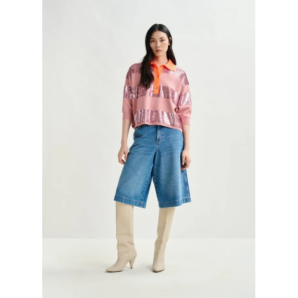 Essentiel Antwerp Vintage pink and orange striped sequin-embellished polo - Essentiel Antwerp Tops - Colorful Belgian Design - Shop at Luxury Shoes 
