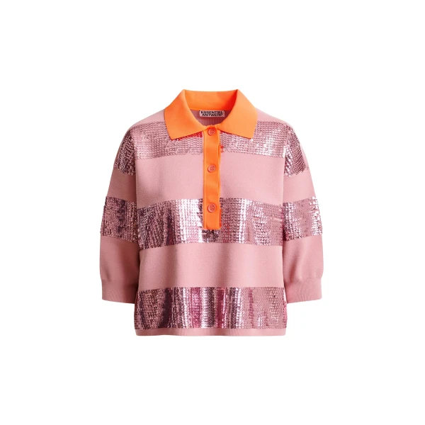 Essentiel Antwerp Vintage pink and orange striped sequin-embellished polo - Essentiel Antwerp Tops - Colorful Belgian Design - Shop at Luxury Shoes 