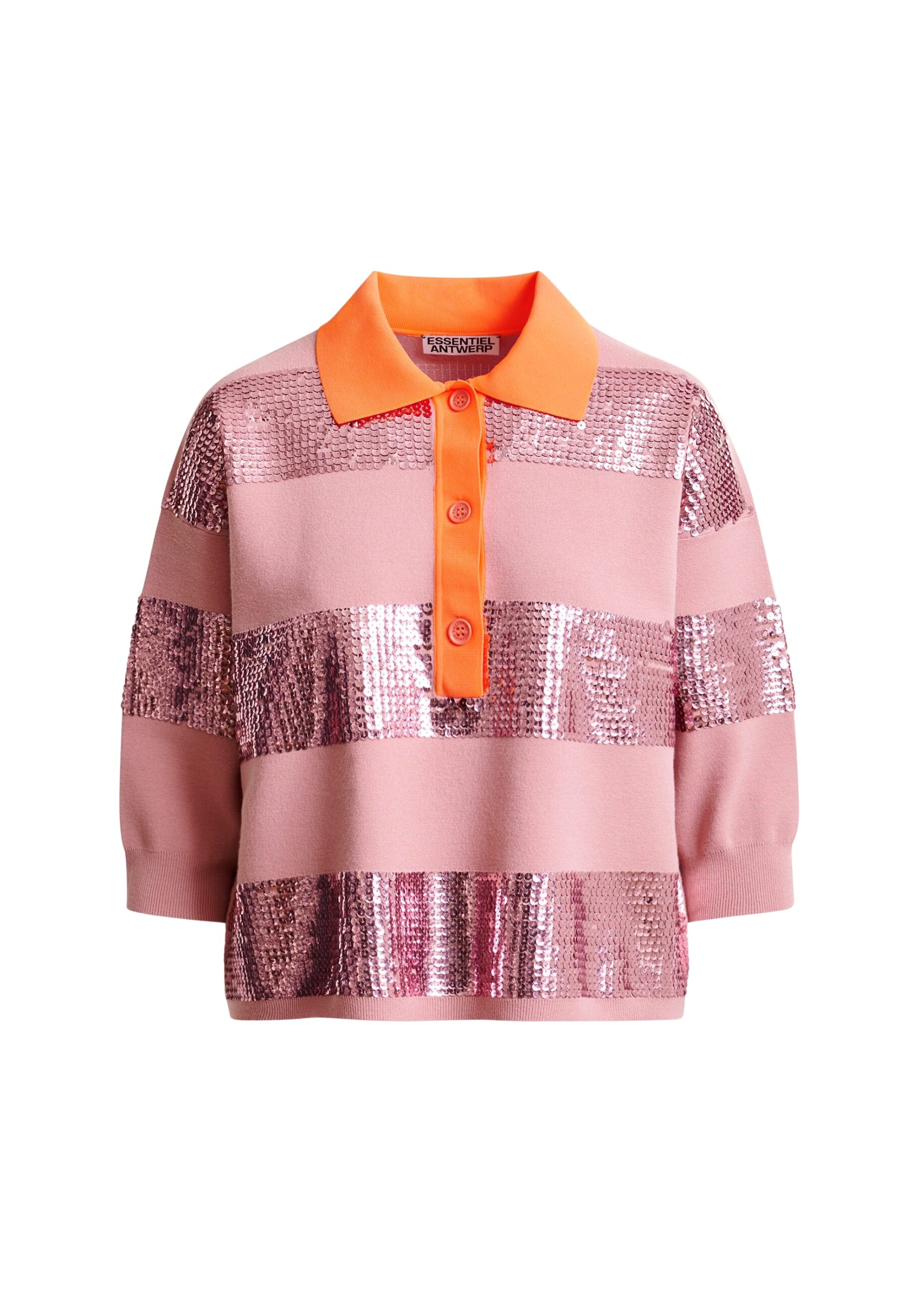 Essentiel Antwerp Vintage pink and orange striped sequin-embellished polo Top