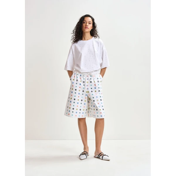 Essentiel Antwerp White and multicolor embroidered cotton shorts with mirror accents - Essentiel Antwerp Shorts - Colorful Belgian Design - Shop at Luxury Shoes 