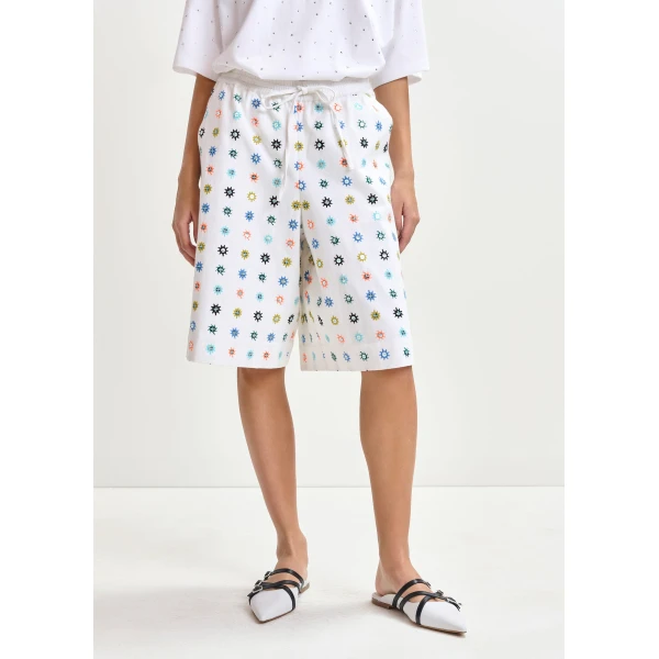Essentiel Antwerp White and multicolor embroidered cotton shorts with mirror accents - Essentiel Antwerp Shorts - Colorful Belgian Design - Shop at Luxury Shoes 