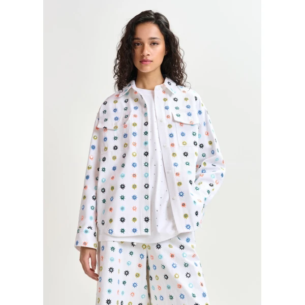 Essentiel Antwerp White and multicolor embroidered oversized shirt with mirror accents & flap pockets - Essentiel Antwerp Shirts - Colorful Belgian Design - Shop at Luxury Shoes 