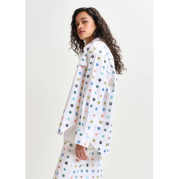 Essentiel Antwerp White and multicolor embroidered oversized shirt with mirror accents & flap pockets - Essentiel Antwerp Shirts - Colorful Belgian Design - Shop at Luxury Shoes 