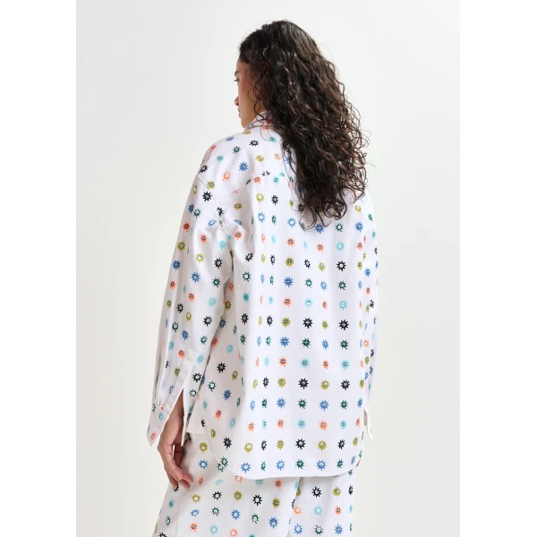 Essentiel Antwerp White and multicolor embroidered oversized shirt with mirror accents & flap pockets - Essentiel Antwerp Shirts - Colorful Belgian Design - Shop at Luxury Shoes 
