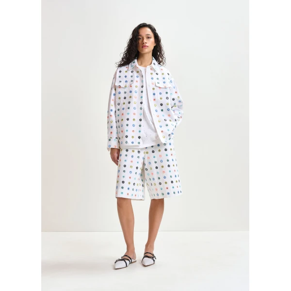 Essentiel Antwerp White and multicolor embroidered oversized shirt with mirror accents & flap pockets - Essentiel Antwerp Shirts - Colorful Belgian Design - Shop at Luxury Shoes 