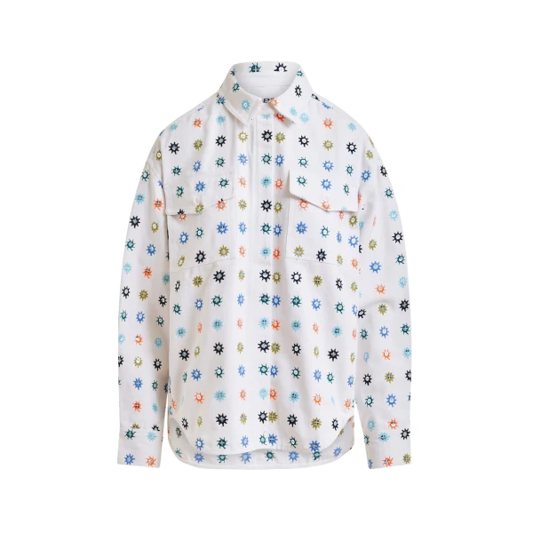 Essentiel Antwerp White and multicolor embroidered oversized shirt with mirror accents & flap pockets - Essentiel Antwerp Shirts - Colorful Belgian Design - Shop at Luxury Shoes 