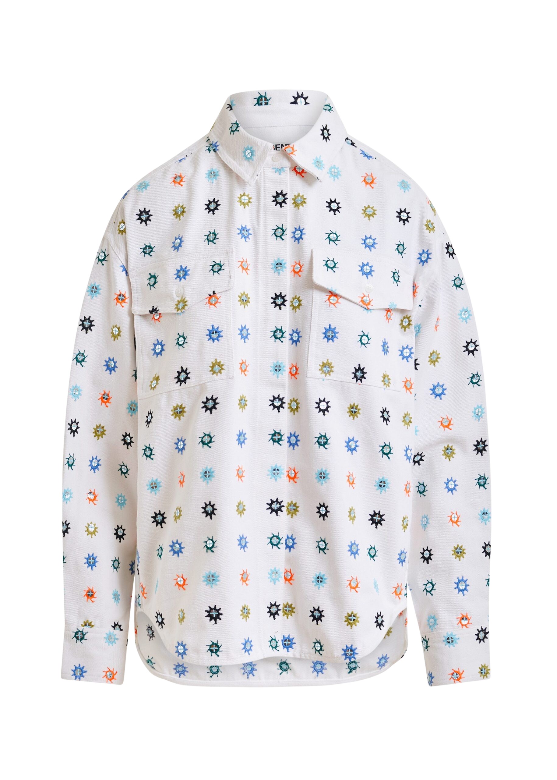 Essentiel Antwerp White and multicolor embroidered oversized shirt with mirror accents & flap pockets